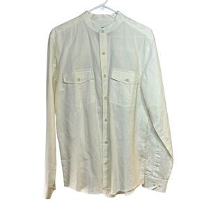Button Front Linen Cotton Shirt Men's Small L/S Eddie Bauer Ivory Banded Collar